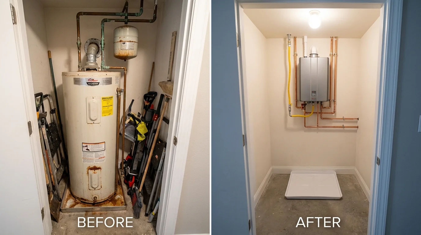 Tank water heater versus wall-mounted tankless unit comparison for Rockwall, TX homeowners