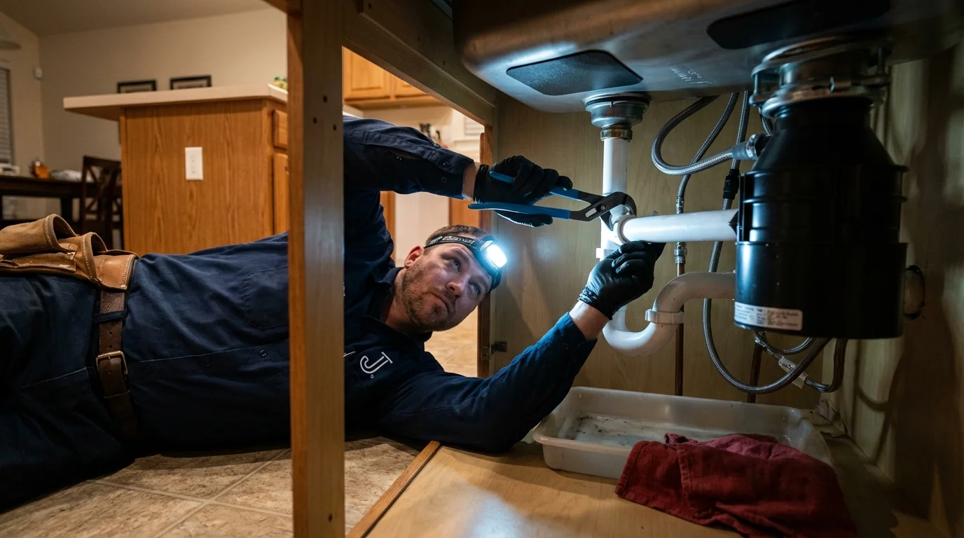 P-trap and supply line connections under a kitchen sink showing a common leak point in Rockwall, TX